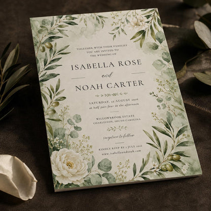 Elegant Botanical Greenery Wedding Invitation — digital invitation, instant download