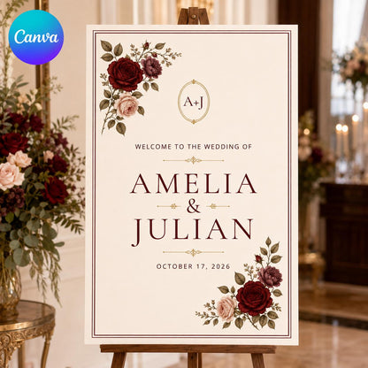 Elegant Burgundy Floral Wedding Welcome Sign — editable Canva template