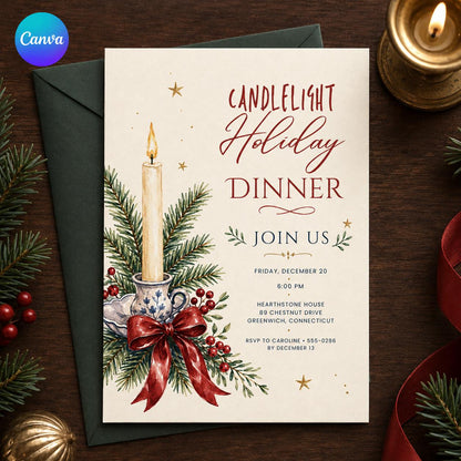 Elegant Candlelight Holiday Dinner Invitation — editable Canva template