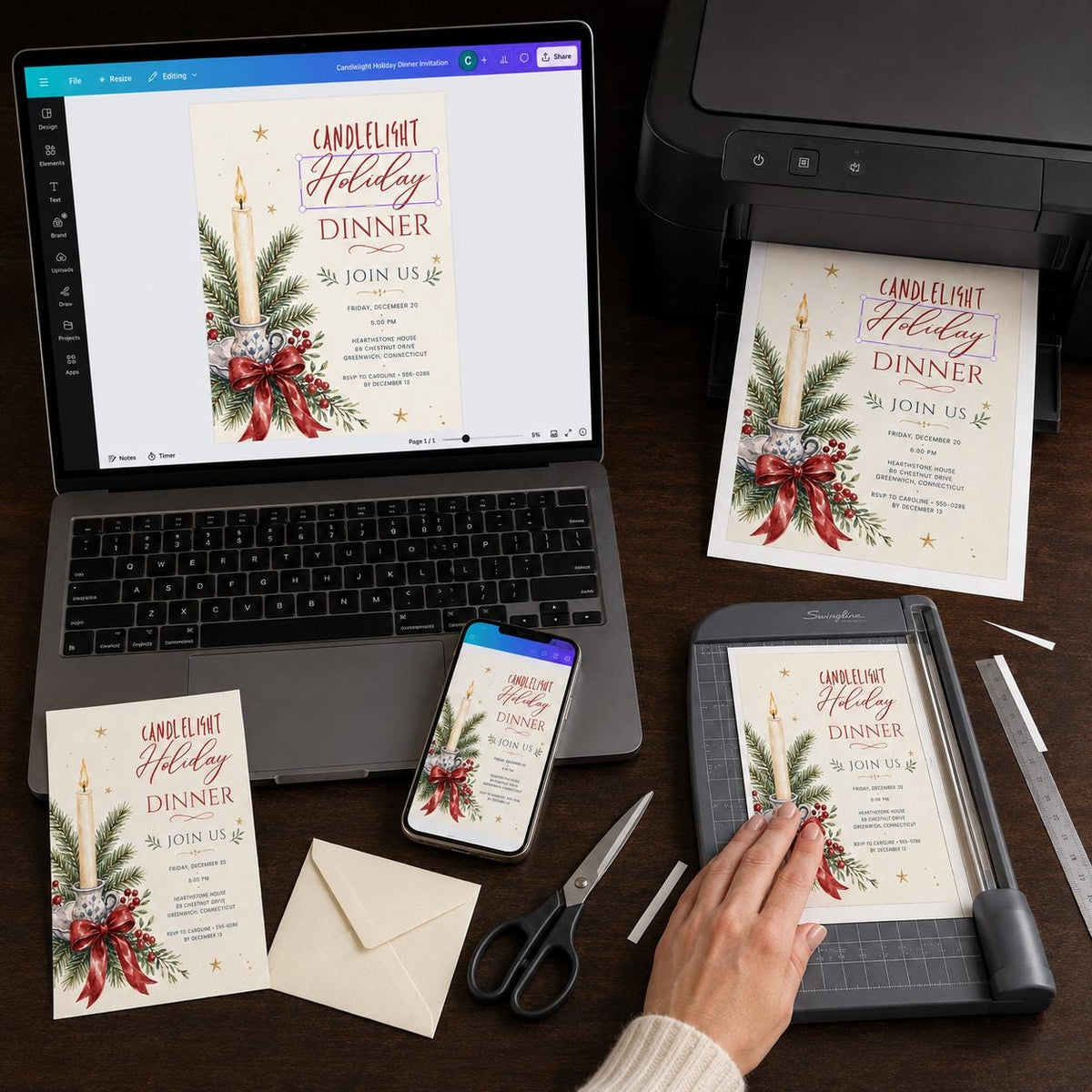 Elegant Candlelight Holiday Dinner Invitation — print-ready Christmas celebration design from VoltBy