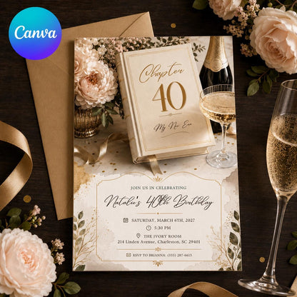Elegant Chapter 40 40th Birthday Invitation — editable Canva template