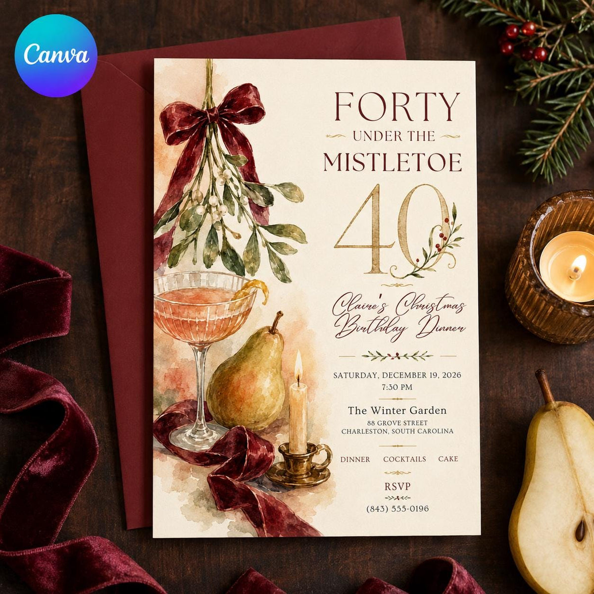 Elegant Christmas 40th Birthday Invitation — editable Canva template