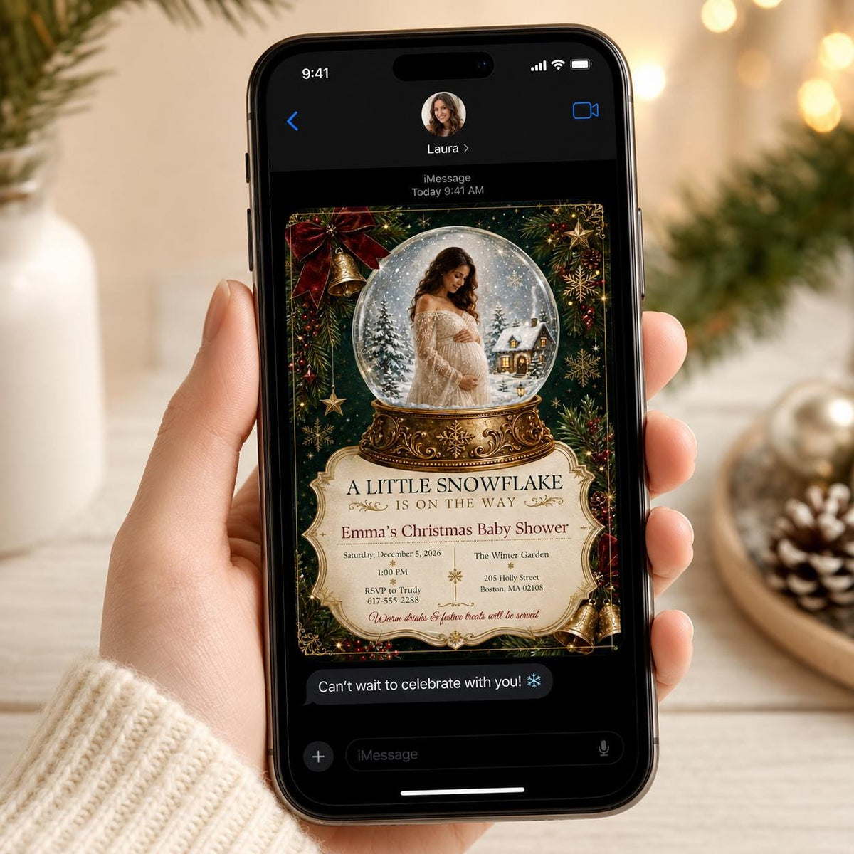 Elegant Christmas Baby Shower Invitation — snow globe and snowflake design