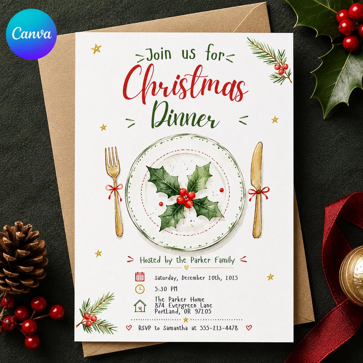 Elegant Christmas Dinner Invitation — editable Canva template