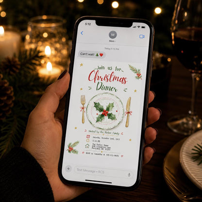 Elegant Christmas Dinner Invitation — holly design
