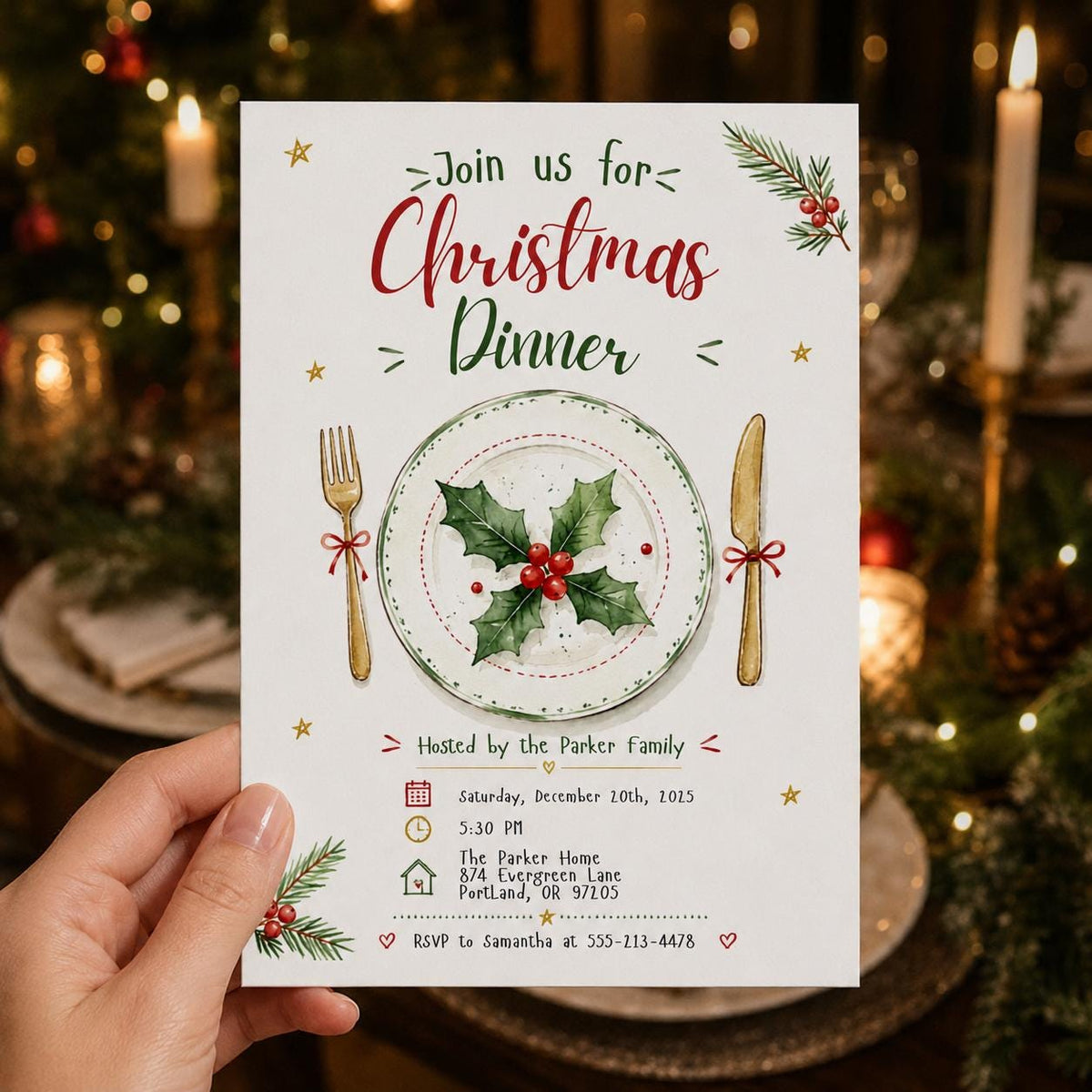 Elegant Christmas Dinner Invitation — invitation you personalize in Canva