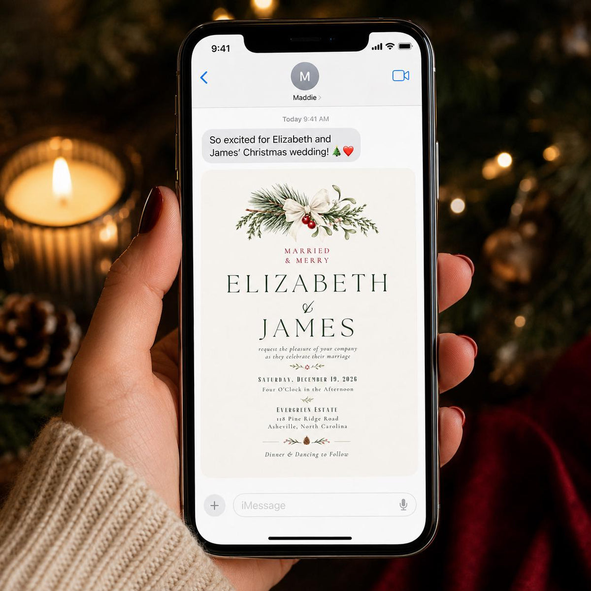 Elegant Christmas Wedding Invitation: Married and Merry Winter Greenery — invitation you personalize in Canva