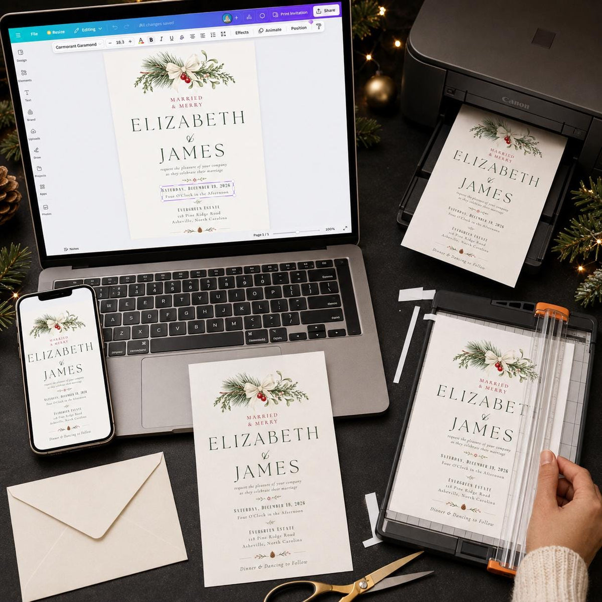Elegant Christmas Wedding Invitation: Married and Merry Winter Greenery — digital invitation, instant download