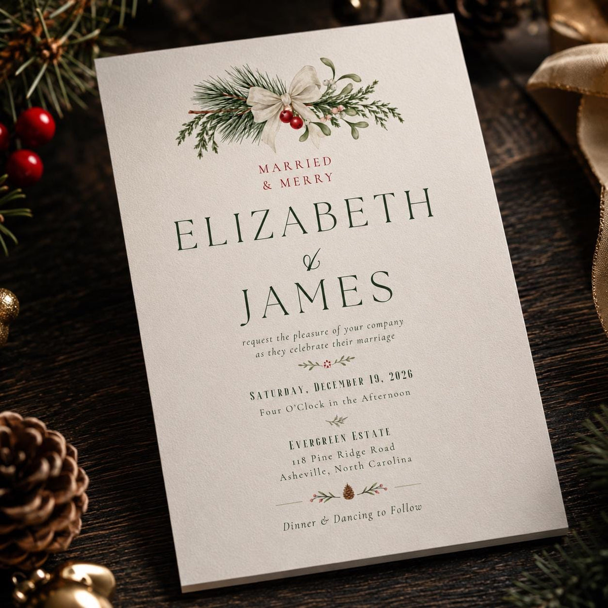 Elegant Christmas Wedding Invitation: Married and Merry Winter Greenery — wedding stationery by VoltBy