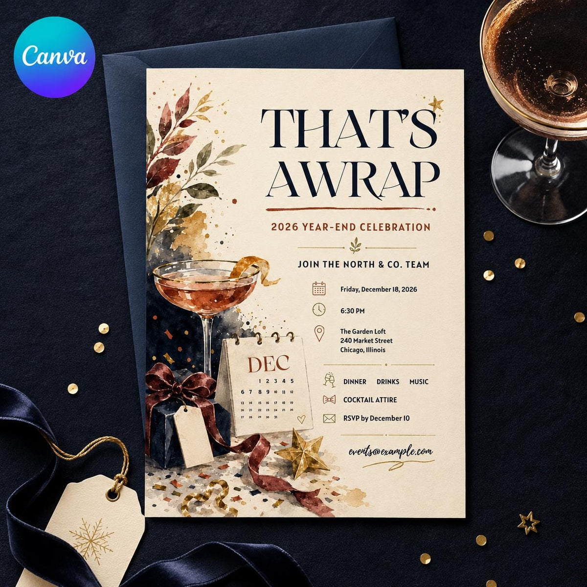 Elegant Company Year End Party Invitation — editable Canva template