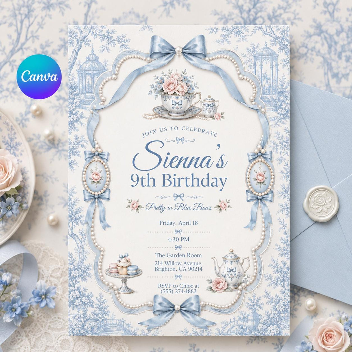 Elegant Coquette Blue Bow 9th Birthday Invitation with hearts for — editable Canva template