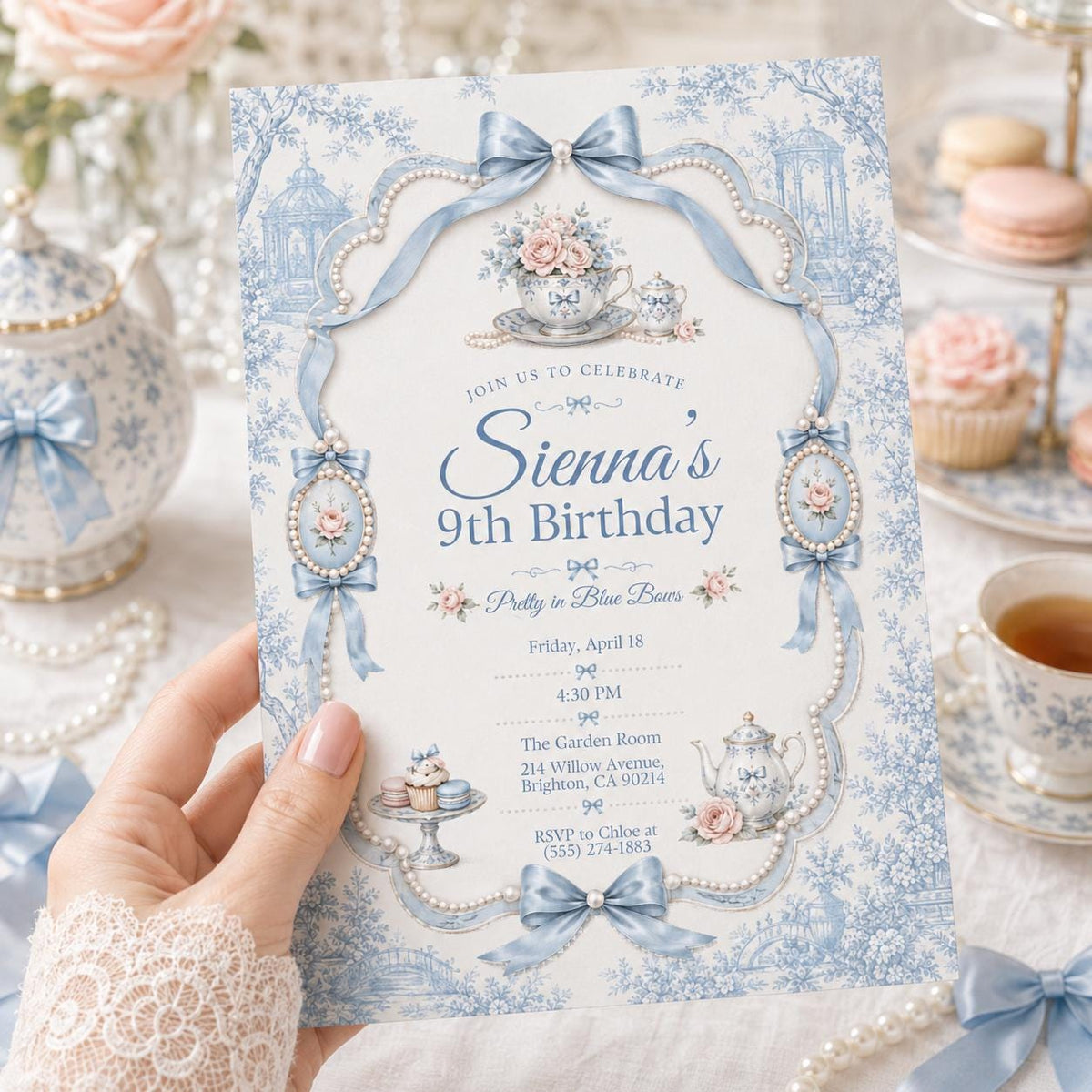 Elegant Coquette Blue Bow 9th Birthday Invitation with hearts for — invitation you personalize in Canva