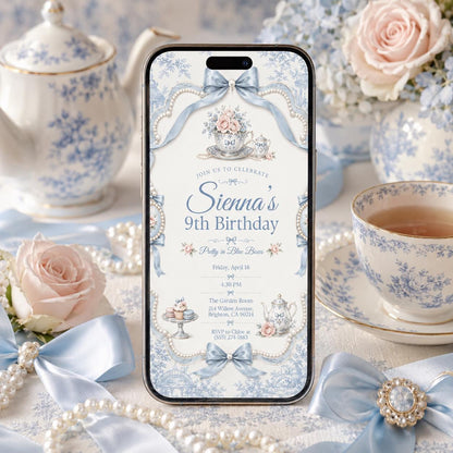 Elegant Coquette Blue Bow 9th Birthday Invitation with hearts for — print-ready 9th birthday party design from VoltBy