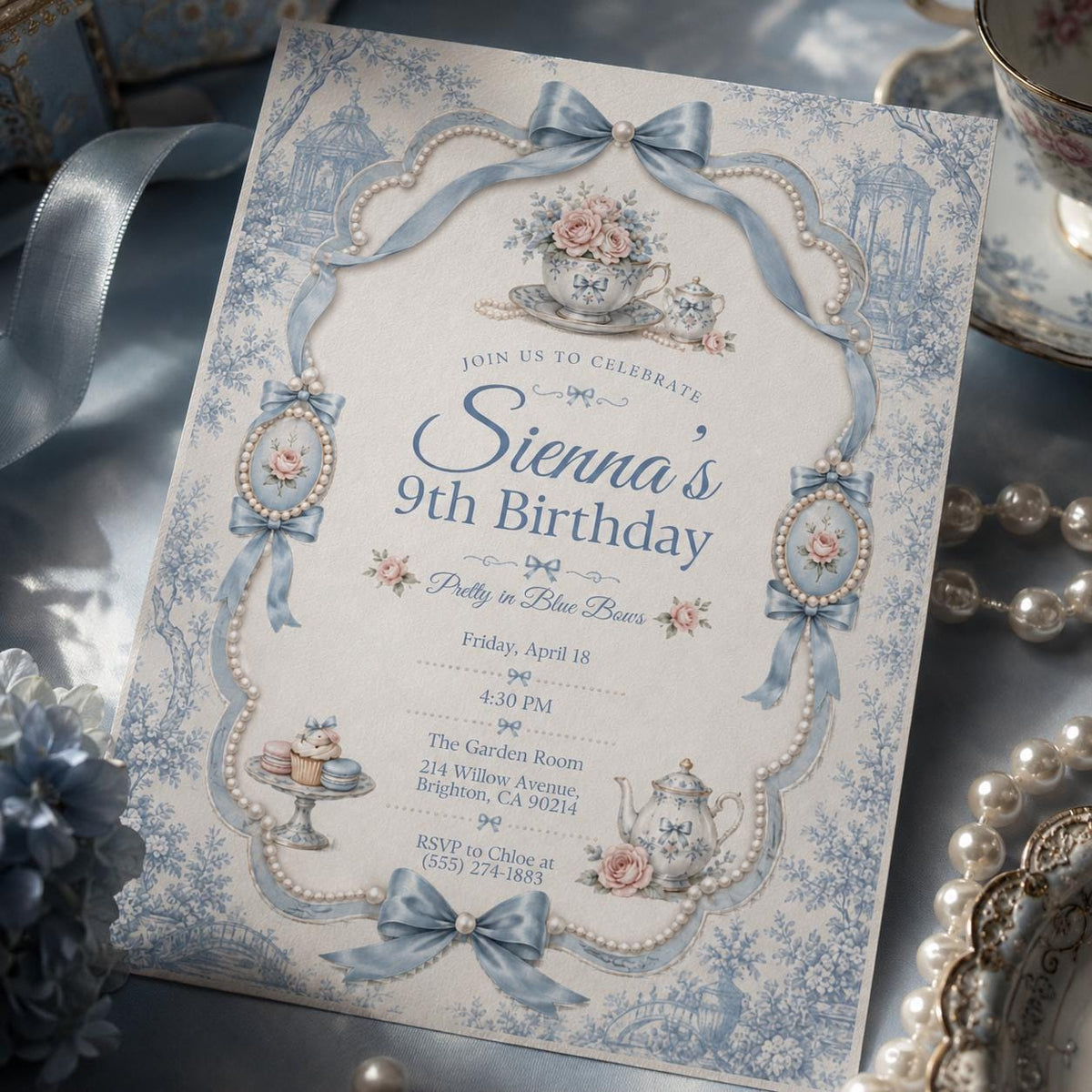 Elegant Coquette Blue Bow 9th Birthday Invitation with hearts for — digital invitation, instant download