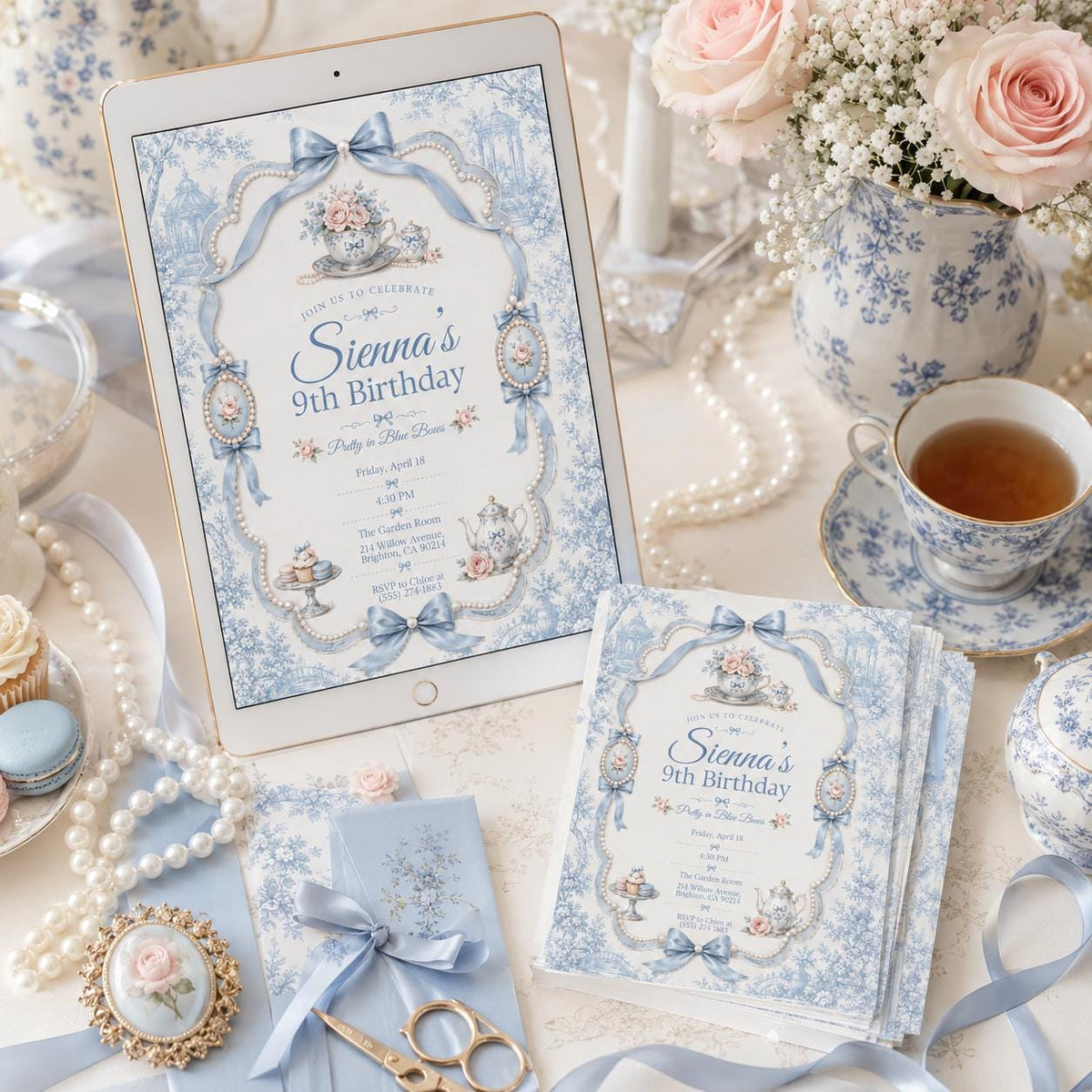 Elegant Coquette Blue Bow 9th Birthday Invitation with hearts for — 9th birthday party stationery by VoltBy