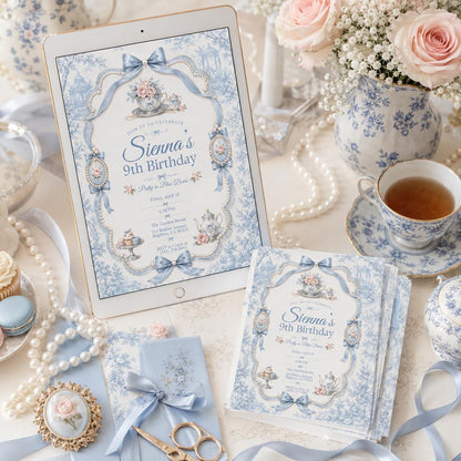 Elegant Coquette Blue Bow 9th Birthday Invitation with hearts for — 9th birthday party stationery by VoltBy