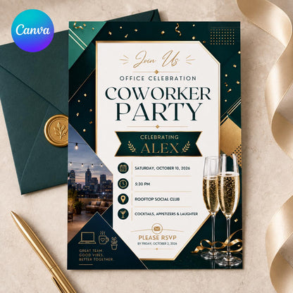 Elegant Coworker Party Invitation — editable Canva template