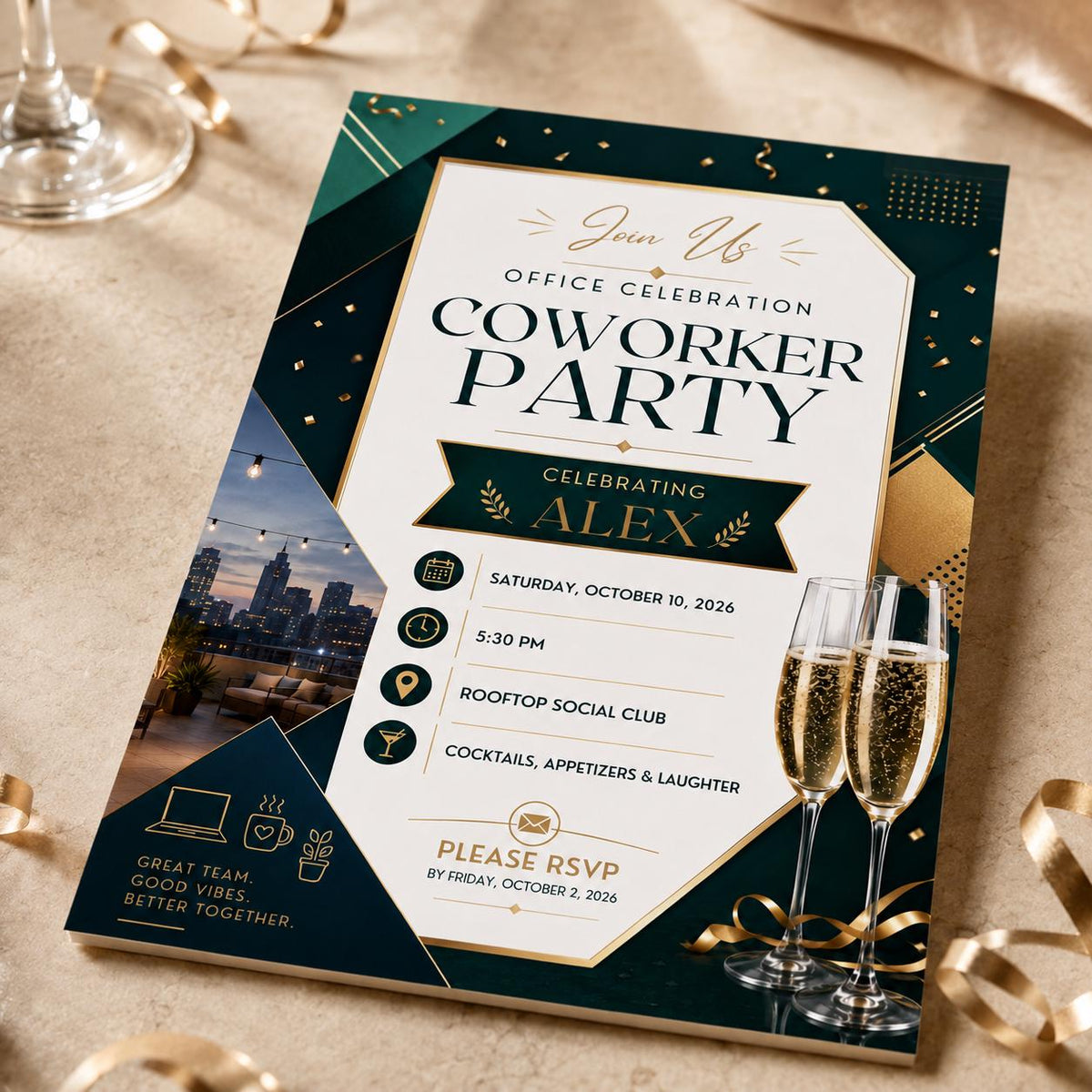 Elegant Coworker Party Invitation — print-ready corporate event design from VoltBy