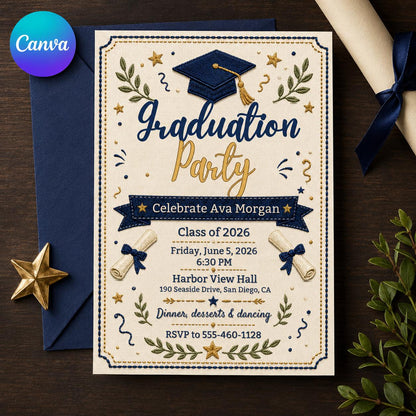 Elegant Embroidery Navy Gold Graduation Invitation — editable Canva template