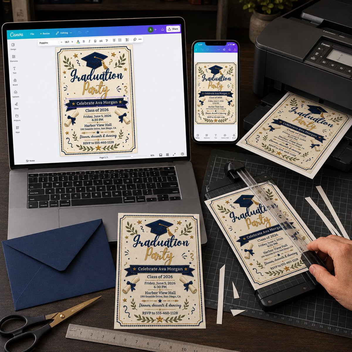 Elegant Embroidery Navy Gold Graduation Invitation — print-ready graduation party design from VoltBy