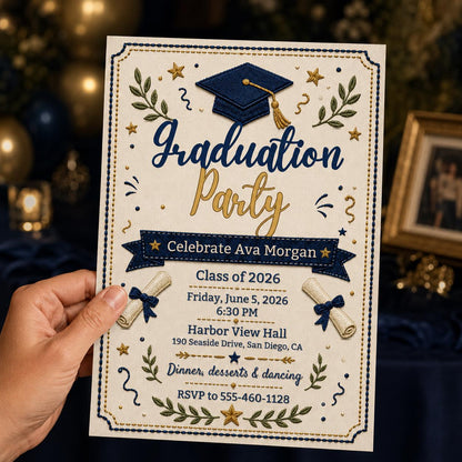 Elegant Embroidery Navy Gold Graduation Invitation — graduation party stationery by VoltBy