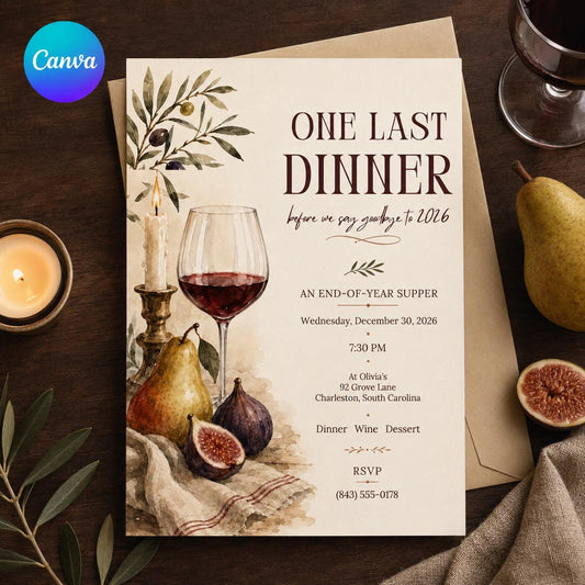 Elegant End of Year Dinner Invitation — editable Canva template