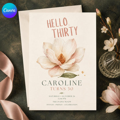 Elegant Floral 30th Birthday Invitation — editable Canva template