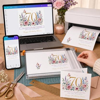 Elegant Floral 70th Birthday Greeting Card for Her — print-ready 70th birthday party design from VoltBy