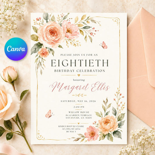 Elegant Floral 80th Birthday Invitation — editable Canva template