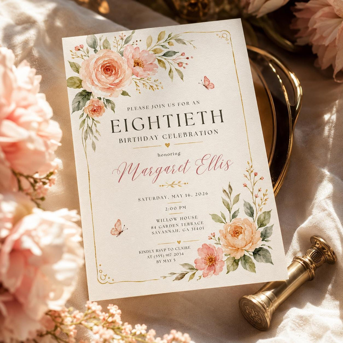 Elegant Floral 80th Birthday Invitation — print-ready 80th birthday party design from VoltBy