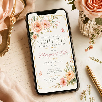 Elegant Floral 80th Birthday Invitation — digital invitation, instant download