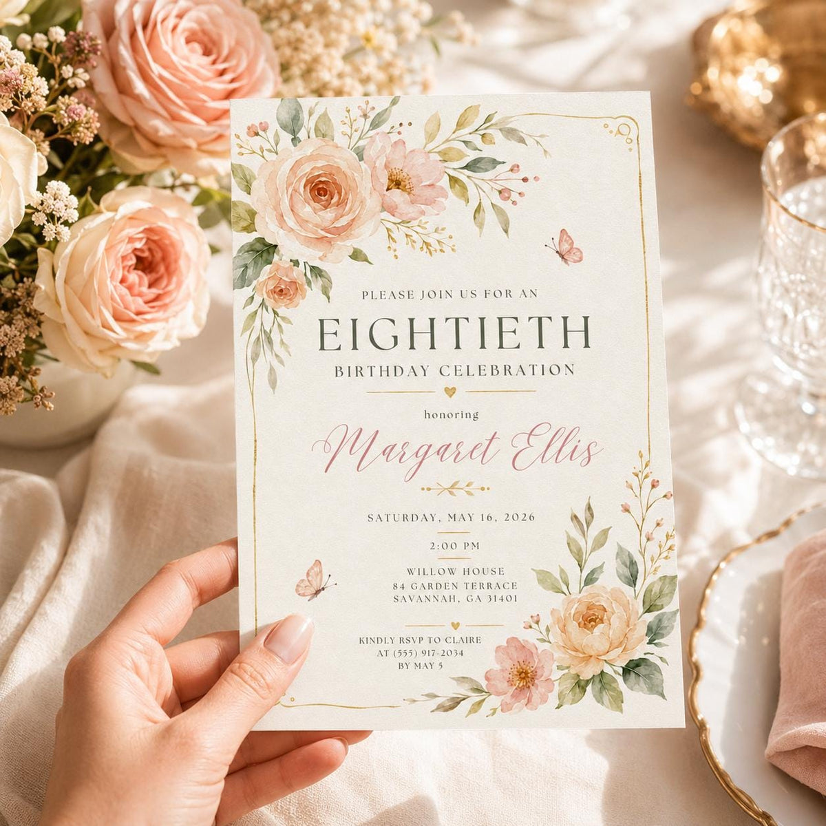 Elegant Floral 80th Birthday Invitation — 80th birthday party stationery by VoltBy