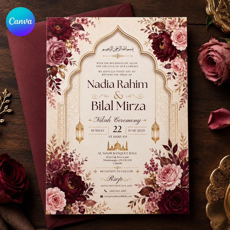 Elegant Floral Burgundy Nikah Invitation