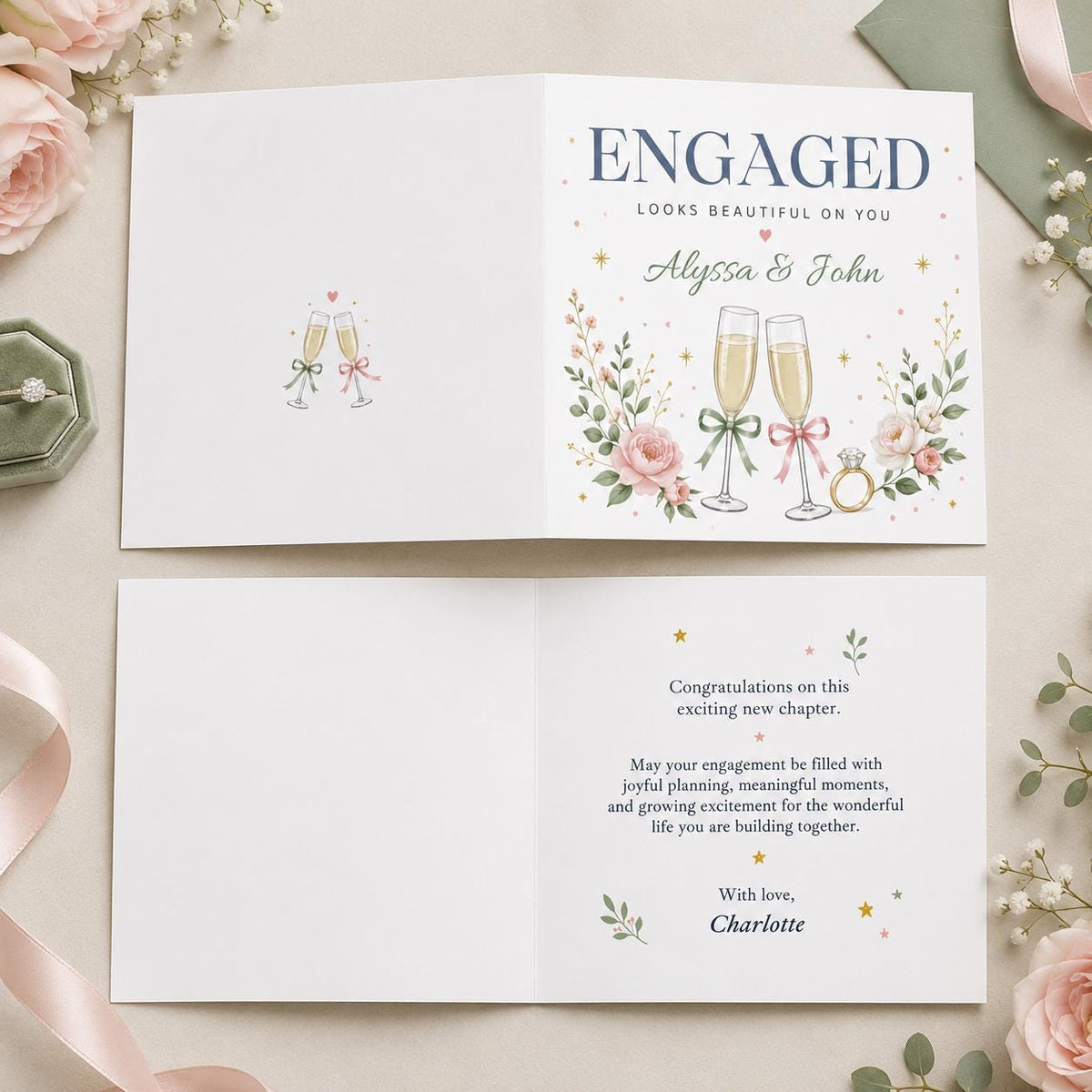 Elegant Floral Engagement Greeting Card for Couple — champagne design