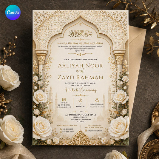 Elegant Floral Ivory Gold Nikah Invitation — editable Canva template