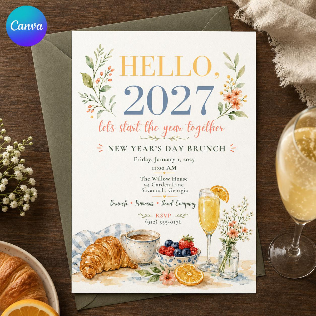 Elegant Floral New Year's Day Brunch Invitation — editable Canva template