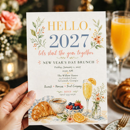 Elegant Floral New Year's Day Brunch Invitation — print-ready New Year party design from VoltBy