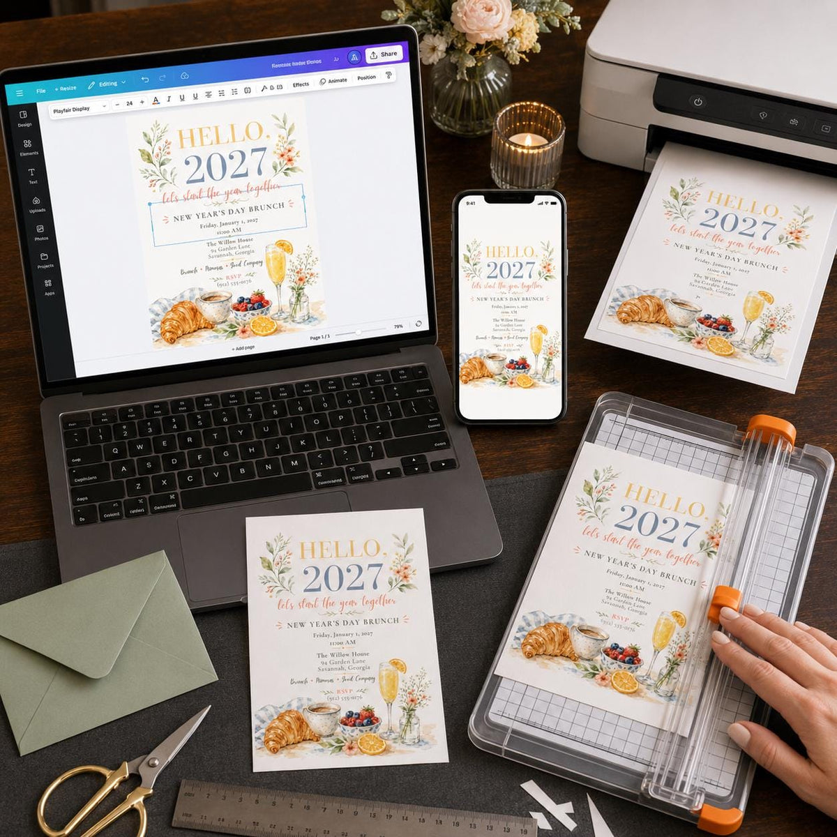 Elegant Floral New Year's Day Brunch Invitation — digital invitation, instant download