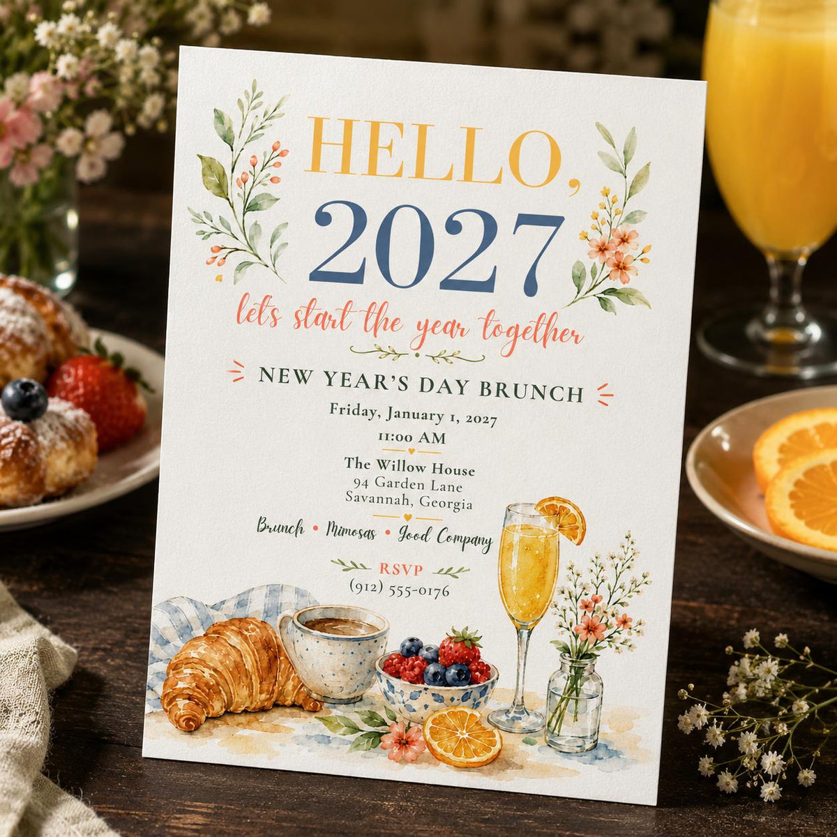 Elegant Floral New Year's Day Brunch Invitation — New Year party stationery by VoltBy