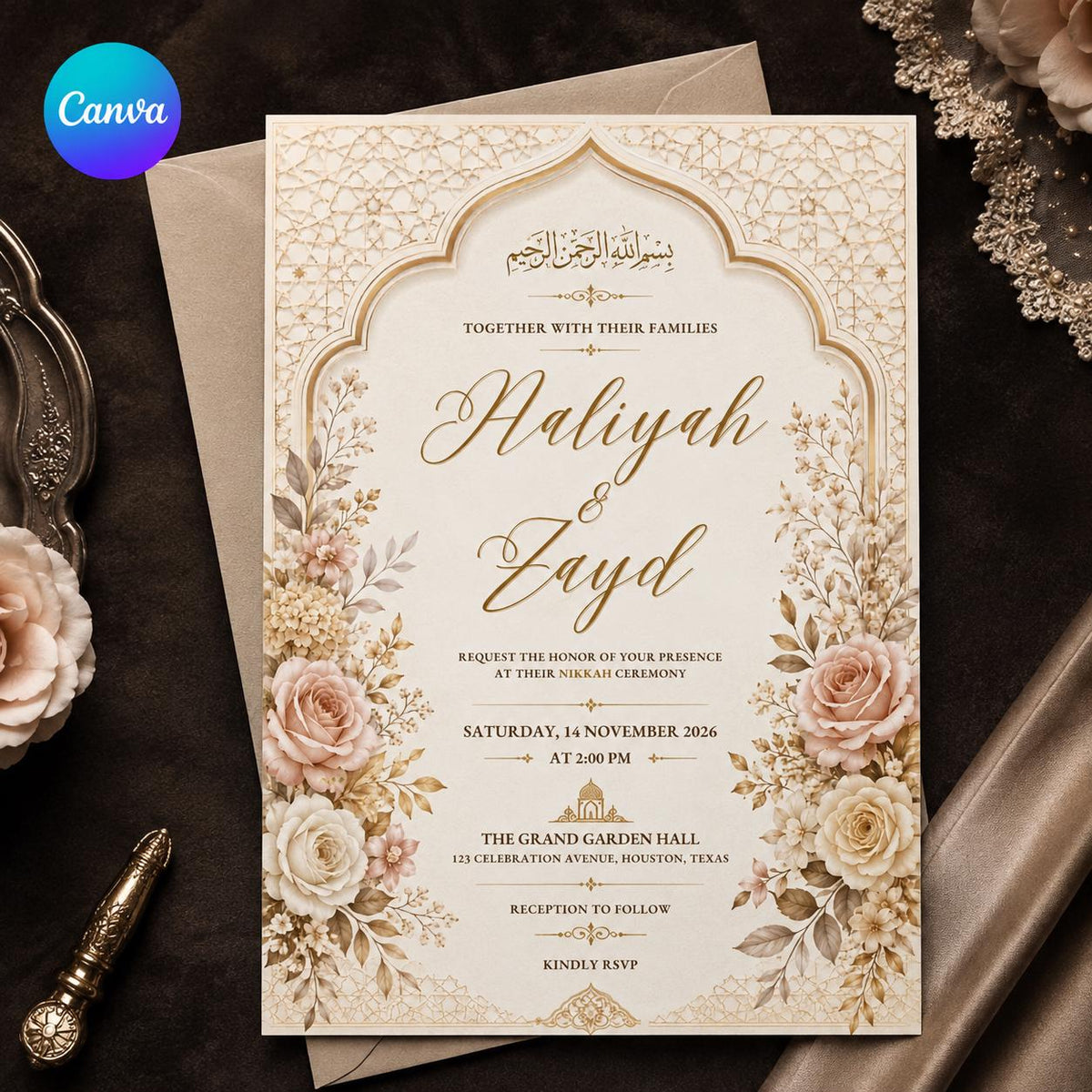 Elegant Floral Nikkah Invitation — editable Canva template