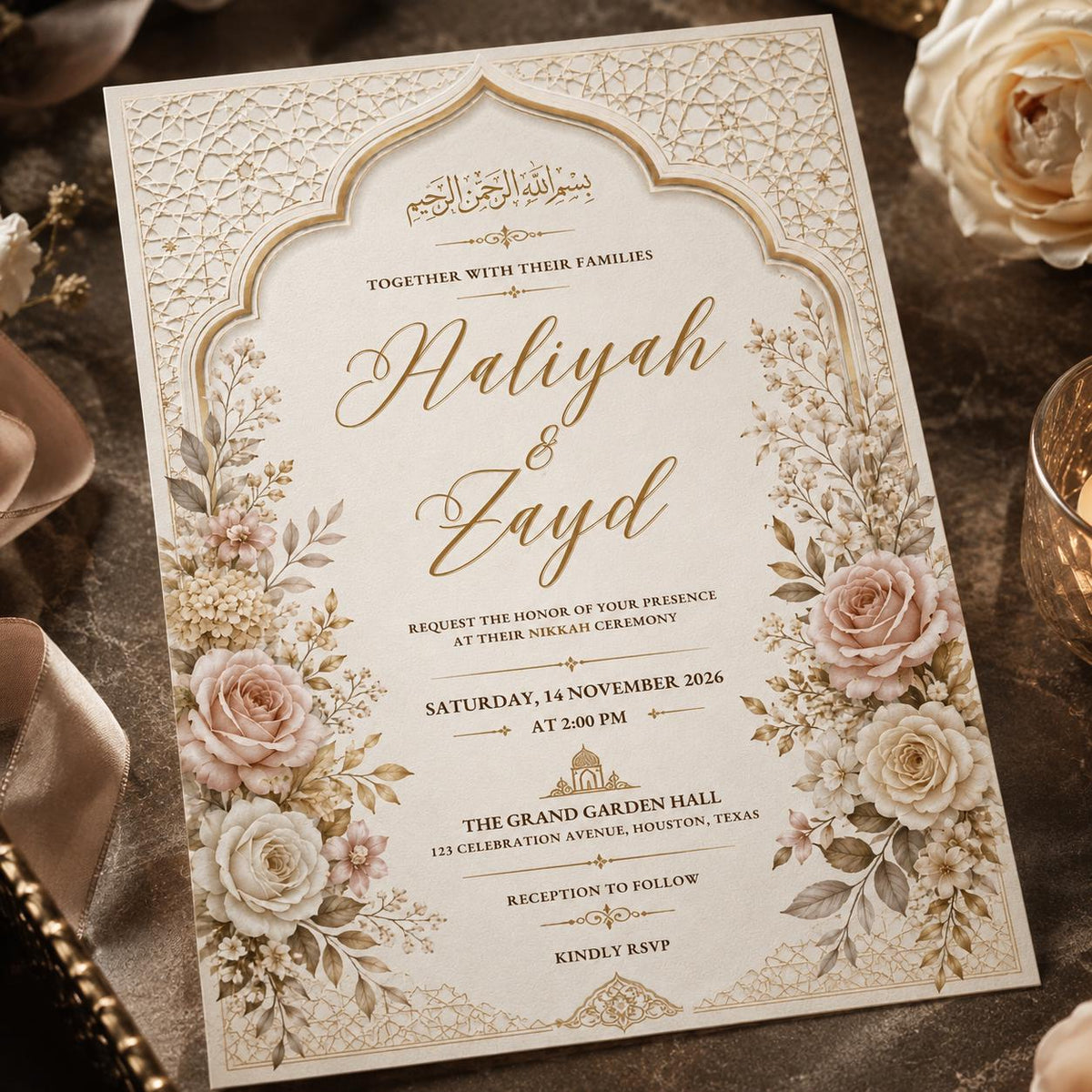 Elegant Floral Nikkah Invitation — invitation you personalize in Canva