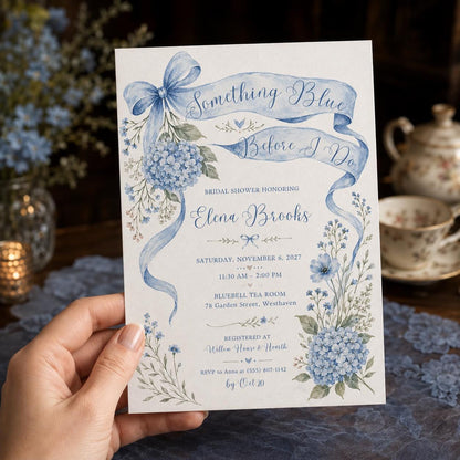 Elegant Floral Something Blue Bridal Shower Invitation — bow design