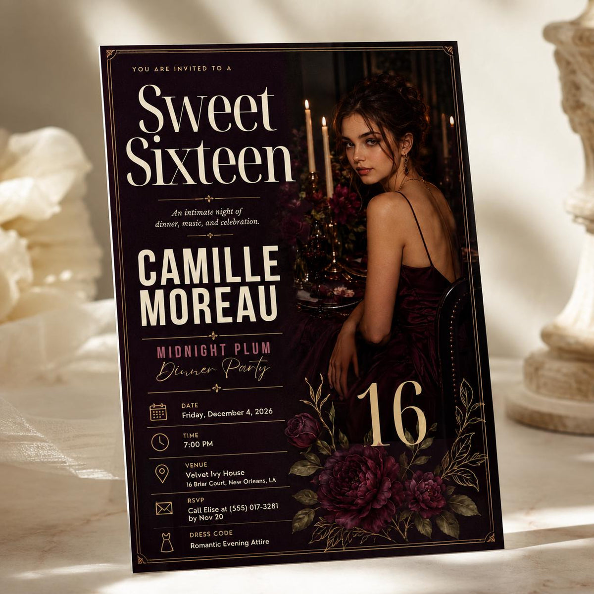 Elegant Floral Sweet 16 Dinner Invitation — invitation you personalize in Canva