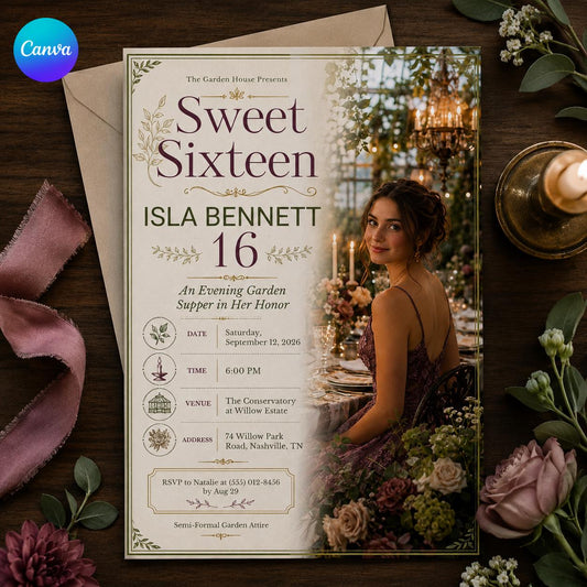Elegant Floral Sweet 16 Garden Party Invitation for Girls — editable Canva template