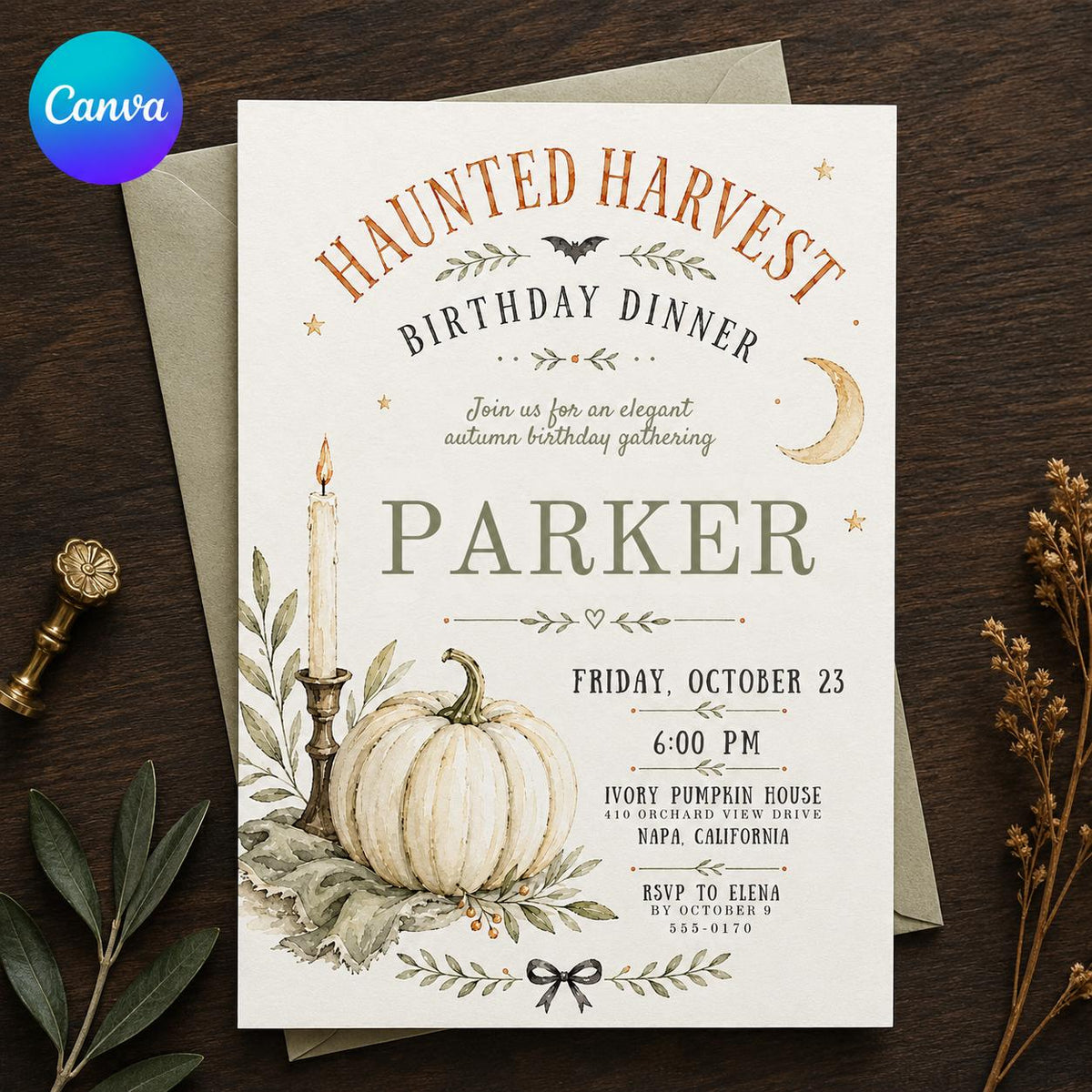 Elegant Haunted Harvest Birthday Dinner Invitation — editable Canva template