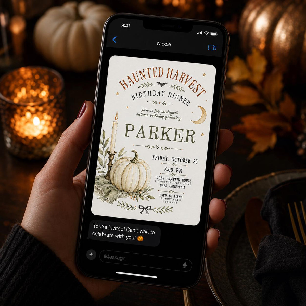 Elegant Haunted Harvest Birthday Dinner Invitation — house design
