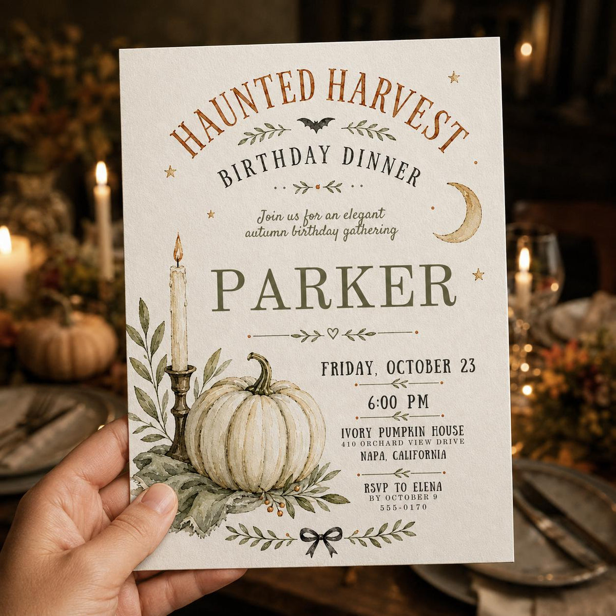 Elegant Haunted Harvest Birthday Dinner Invitation — invitation you personalize in Canva