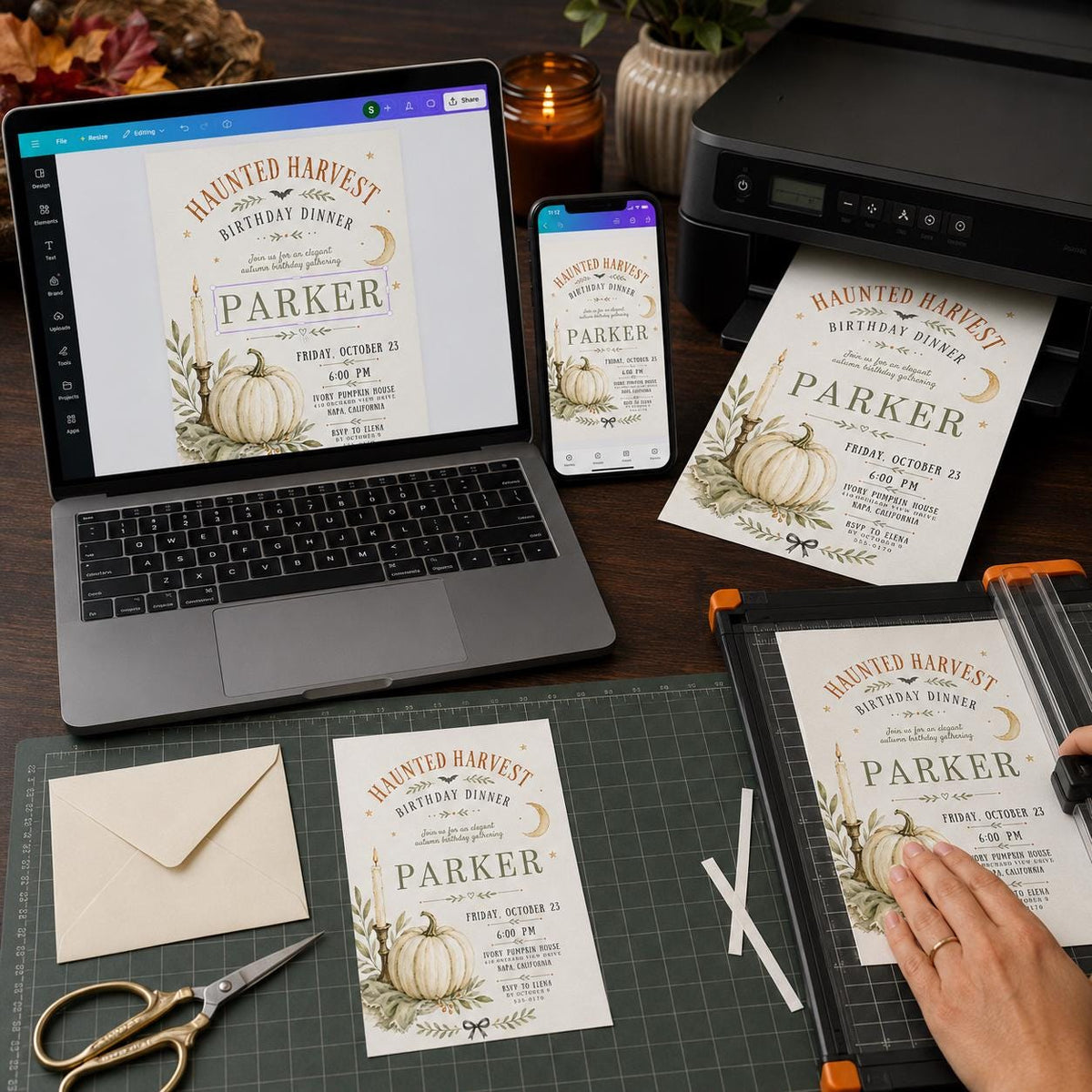Elegant Haunted Harvest Birthday Dinner Invitation — print-ready birthday party design from VoltBy