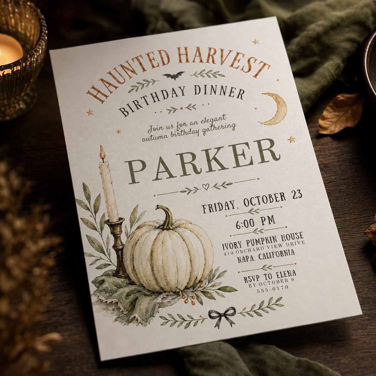Elegant Haunted Harvest Birthday Dinner Invitation — digital invitation, instant download
