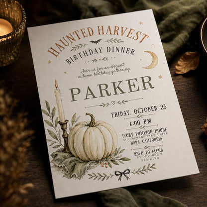 Elegant Haunted Harvest Birthday Dinner Invitation — digital invitation, instant download
